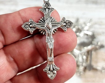 Rosary Cross LOT of 2 Antique Silver Sunburst Flared Style Crucifixes / 2 Inches