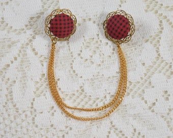 Vintage Double Pin Brooch Chatelaine Double Chain Retro Fashion Red Black Checked Fabric Double Tack Pin