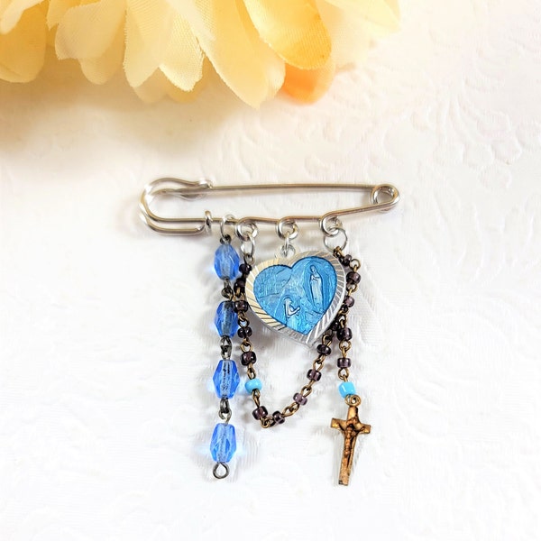 Safety Pin Religious Brooch / Our Lady of Lourdes Medal / Re-Purposed Rosary Chaplet Beads / #8782