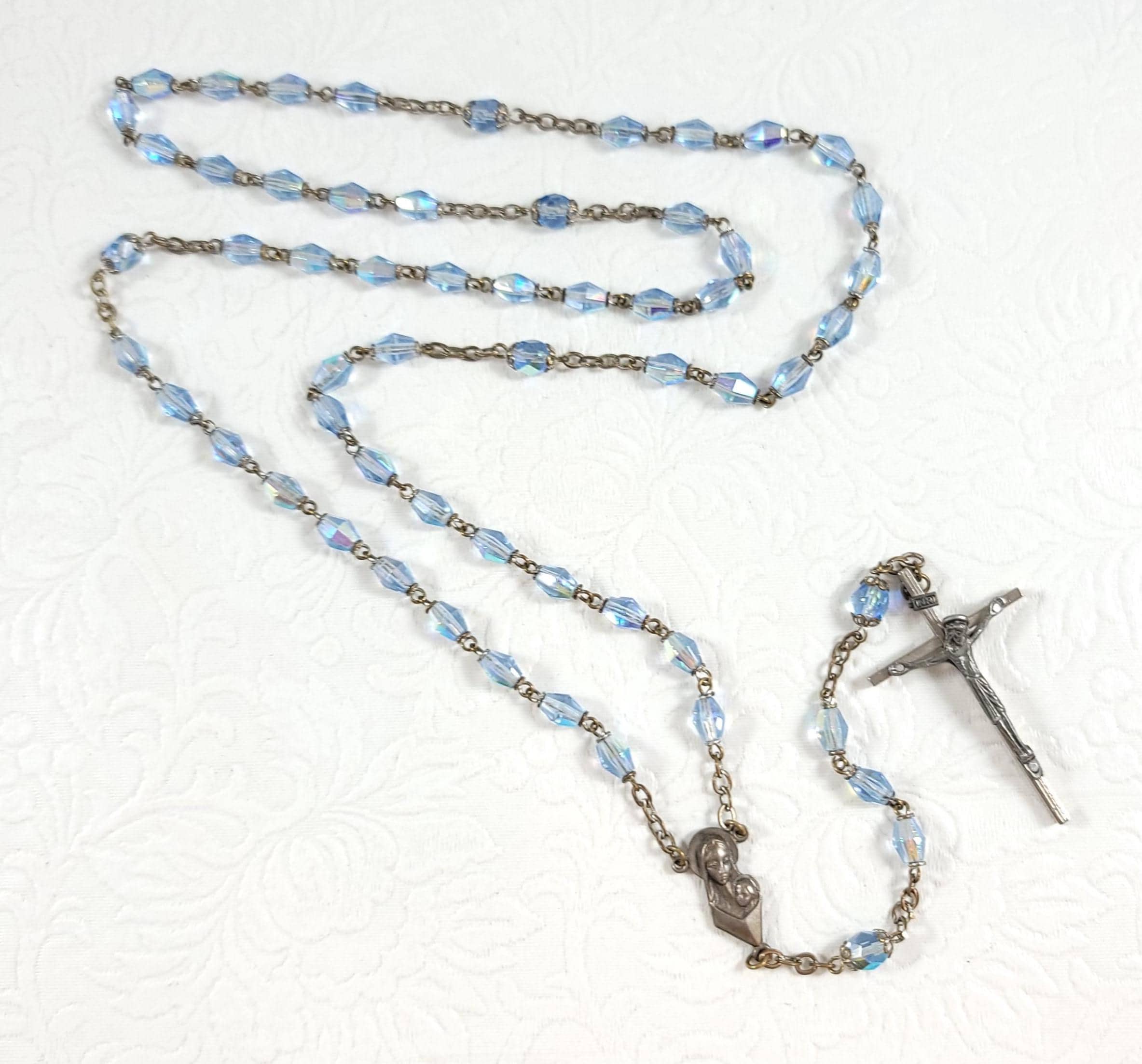 Vintage Blue Crystal Rosary / Catholic Rosary / Glass Rosary / Blue Rosary / Glass Facetted Rosary Beads
