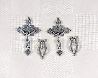 Rosary Kit Rosary Centerpiece and Crucifix LOT of 2 Each Rosary Cross and Miraculous Medal Centerpiece Antique Silver