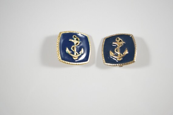 Vintage Nautical Anchor Clip Earrings Blue Gold En