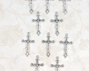 Small Teardrop Rosary Crucifix Lot / 10 Rosary Crosses Antique Silver / Small Lightweight Crucifixes / Rosary Supply