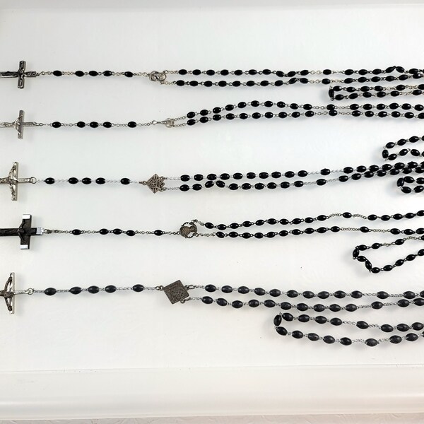 Vintage Catholic Rosary Lot of 5 / Black Plastic Rosary Lot / Catholic Rosaries / Religious Lot #8738