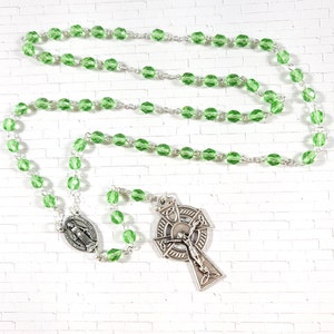 Celtic Crucifix Rosary Green Czech Glass Crystal Beaded Rosary Irish Celtic Cross Eric Cross 20 Inch Rosary
