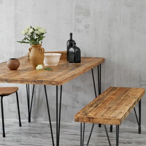 Reclaimed old wood table with metal hairpin legs