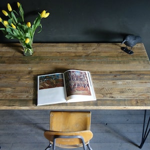 Reclaimed old wood table with metal hairpin legs