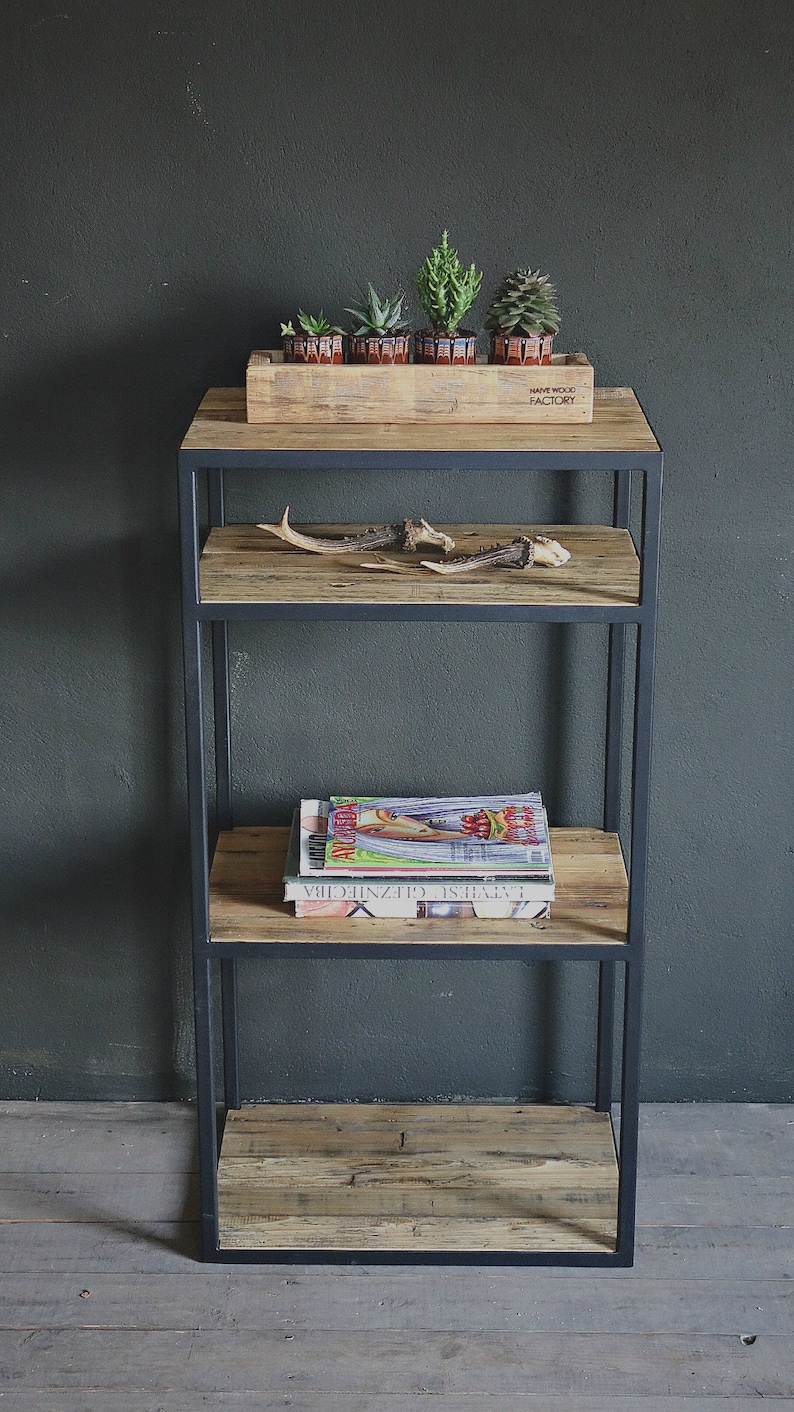 industrial metal shelving unit with reclaimed wood shelves