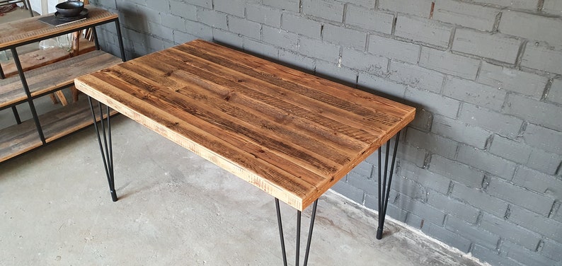 Reclaimed old wood dining table on hairpin legs