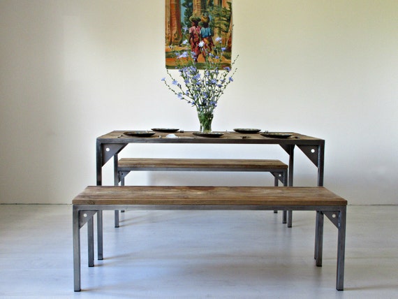 Dining Set Table And 2 Benches On Metal Legs Rustic And Etsy