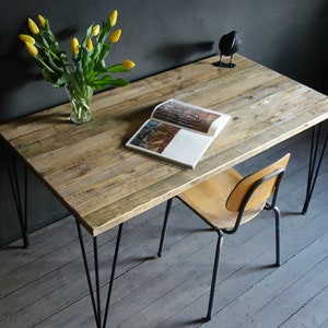 Reclaimed old wood table with metal hairpin legs