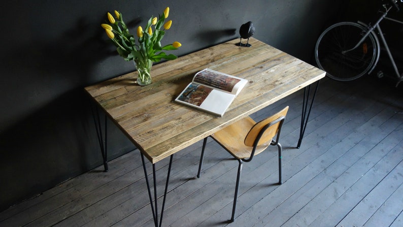 Reclaimed old wood table with metal hairpin legs