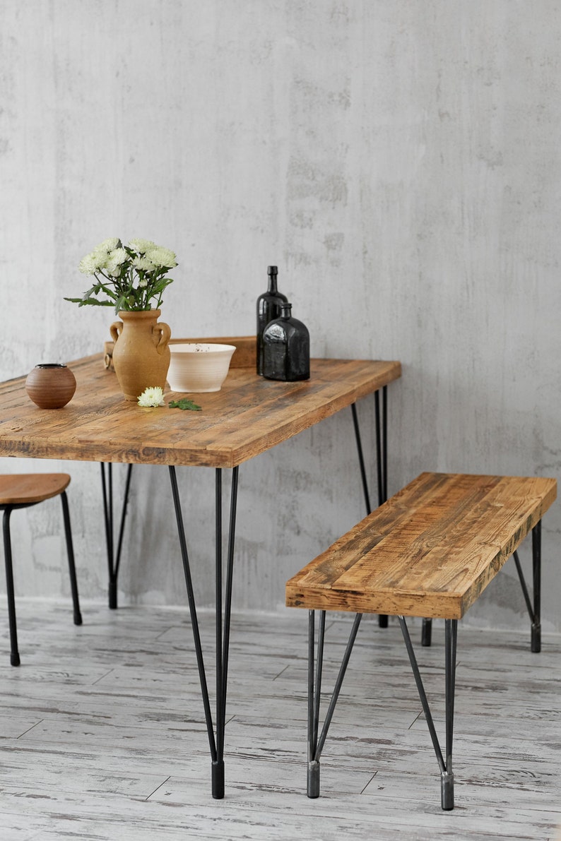 Reclaimed old wood table with metal hairpin legs