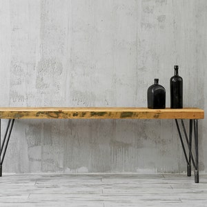 Old wood bench on hairpin legs image 1