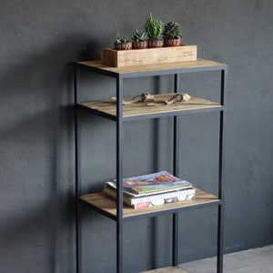 industrial metal shelving unit with reclaimed wood shelves