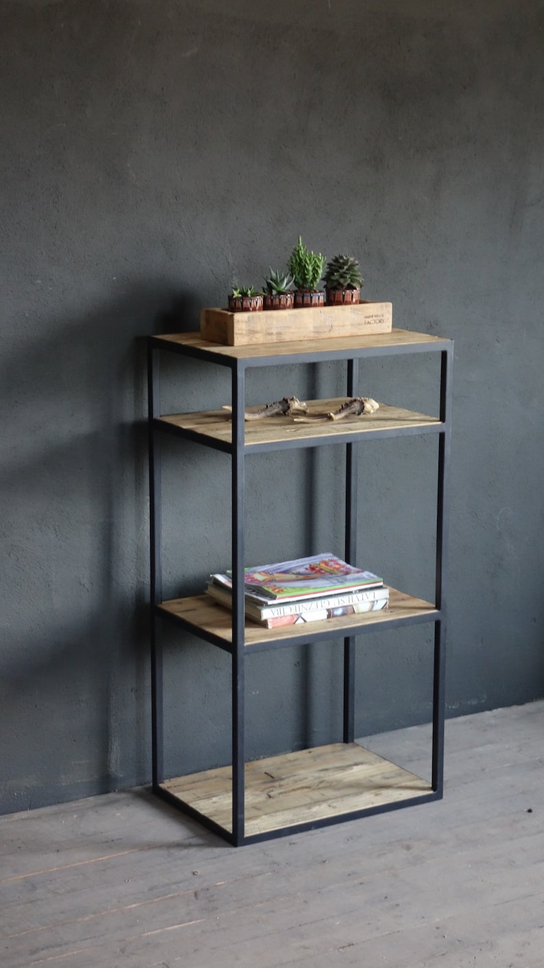 industrial metal shelving unit with reclaimed wood shelves