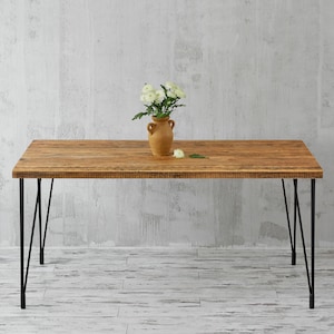 Reclaimed old wood table with metal hairpin legs