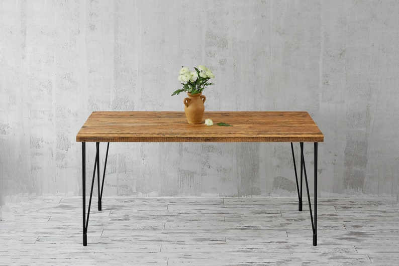 Reclaimed old wood table with metal hairpin legs