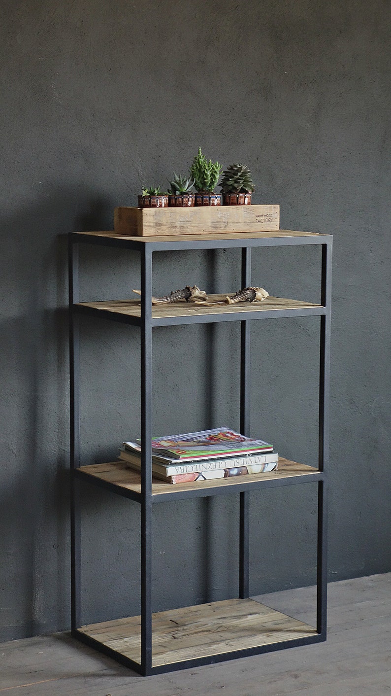 industrial metal shelving unit with reclaimed wood shelves