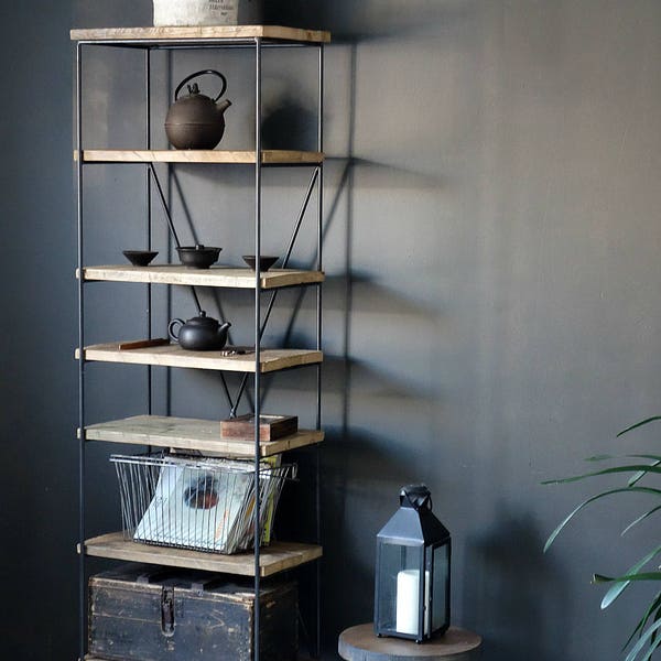 Reclaimed Wood Shelving Unit in a metal bar frame