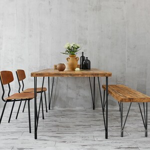 Reclaimed old wood table with metal hairpin legs