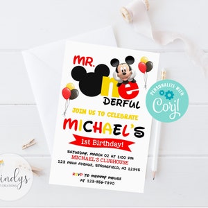 Editable Mickey Mouse Birthday Invitation, First Birthday, Mr. Onederful