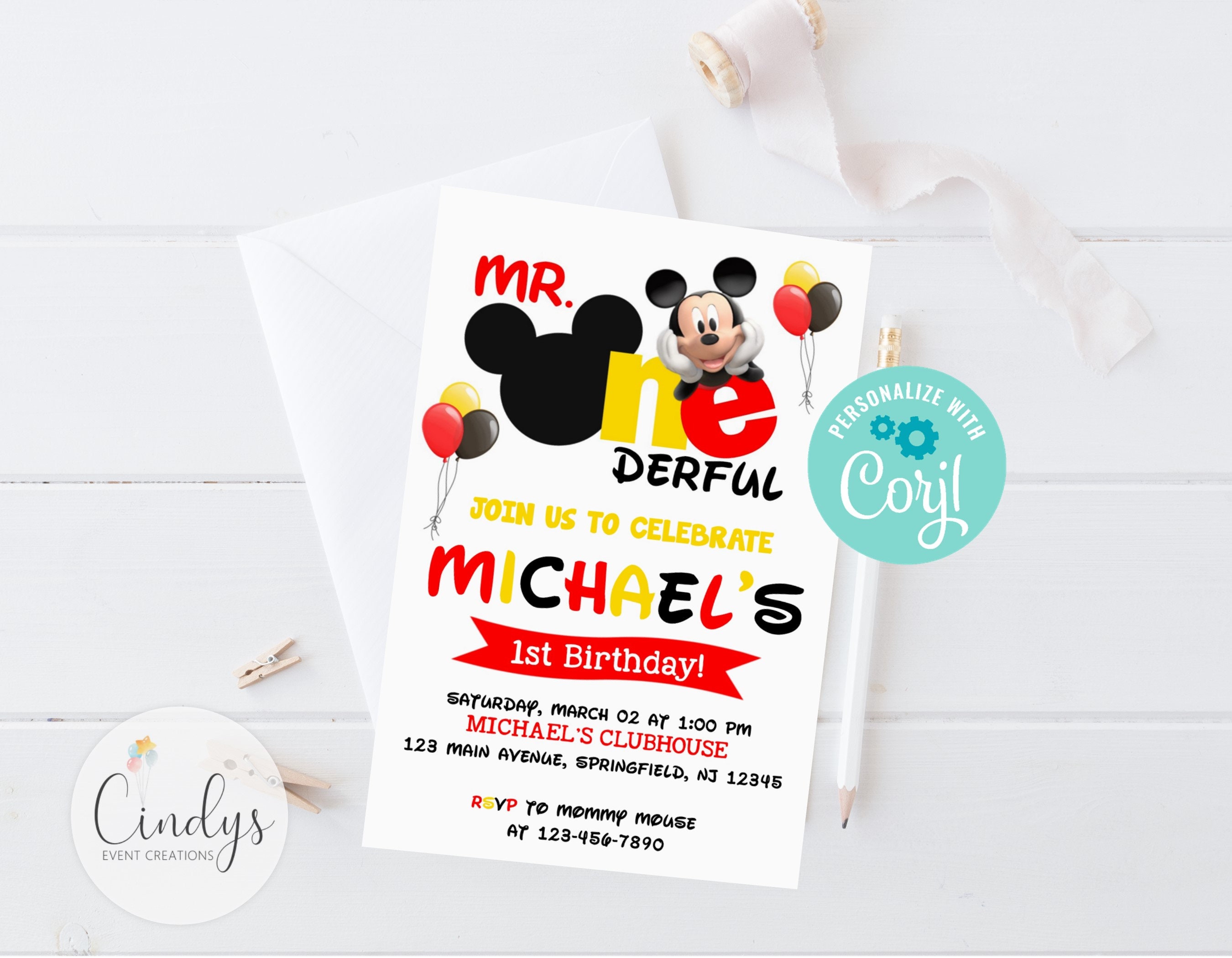 Editable Mickey Mouse Birthday Invitation First Birthday Mr Onederful