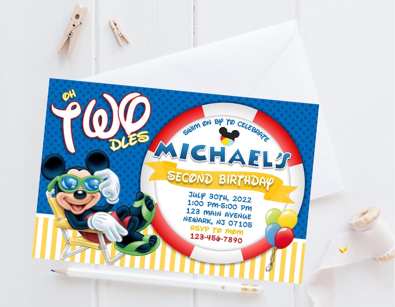 May include: A blue and red birthday invitation with a cartoon Mickey Mouse wearing sunglasses and a life preserver with the text "Swim on by to celebrate Michael's Second Birthday". The invitation includes the date, time, address, and RSVP information.