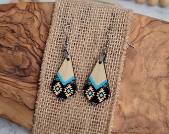 Boho Wood Earrings - Aztec Earrings - Wood Earring Boho Earrings - Handmade Earrings - Geometric Earrings - Dangle Earrings - Gifts Under 10