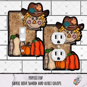 May include: Decorative light switch and outlet covers featuring a scarecrow design with a brown hat, straw hair, and a pumpkin. The covers have a fall theme with orange pumpkins and a plaid pattern. The text at the bottom reads "PERFECT FOR SINGLE LIGHT SWITCH AND OUTLET COVERS."
