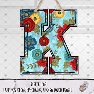 Letter K Sublimation Design, Floral Design, Floral Door Sign Design, Name Initial Design, Monogram Earring Design, Alphabet Decor Design