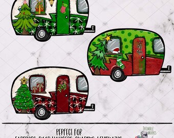 Diseño de sublimación de aretes camper navideños, arete camper, diseño navideño, diseño de aretes, diseño de sublimación camper, decoración navideña
