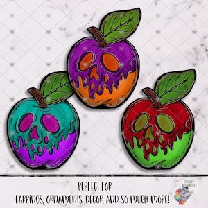 May include: Three illustrated apple designs featuring skull-shaped cutouts and dripping liquid effects. The apples are colored in purple and orange, teal and purple, and red and green, each topped with a brown stem and a single green leaf.