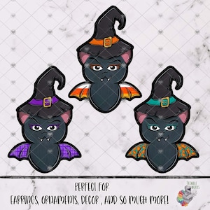May include: Three cartoon bat designs wearing witch hats with orange, purple, and teal accents. The bats have wings and are decorated with gold buckles. The text at the bottom says "PERFECT FOR EARRINGS, ORNAMENTS, DECOR, AND SO MUCH MORE!"
