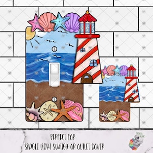 Red Lighthouse Outlet Cover Sublimation Design, Beach Light Switch Cover Design, Beach Shells Home Decor Design, Summer Home Decor Design