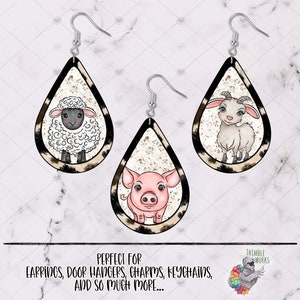 Farm Earrings Design, Tear Drop Design, Farm Png, Earring Design, Sheep Teardrop Design, Farm Animal Design, Goat Earring, Pig Earring