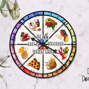 May include: A colourful wheel with different food options for dinner. The wheel is labelled "The I Don't Know What Is For Dinner Tonight Wheel".