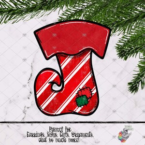 May include: Red and white striped stocking with a green and red patch. The stocking is outlined in black and has a distressed look. The text "PERFECT FOR Earrings, Signs, Gifts, Ornaments, and so much MORE!" is below the stocking.