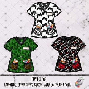 May include: Three scrub tops with a V-neck design. One is white with black video game controllers, another is green with a pixelated pattern, and the third is black with text and red accents. Each has pockets.
