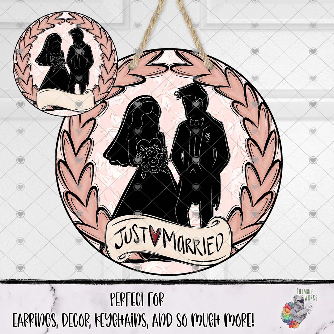 Pink Just Married Round Sublimation Design, Wedding Earring Design ...