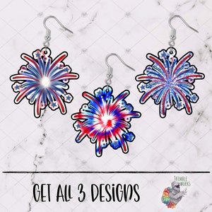 May include: Three pairs of red, white, and blue firework-themed earrings. The earrings are made of a sparkly material and have a silver hook.