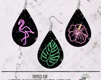 Summer Earrings Sublimation Design, Tear Drop Design, Flamingo Earring, Earring Design, Teardrop Sublimation Design, Neon Lights Earrings