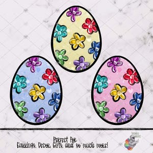 May include: Three Easter eggs with different floral patterns. The eggs are painted in shades of blue, yellow, and pink. Each egg has a white outline.