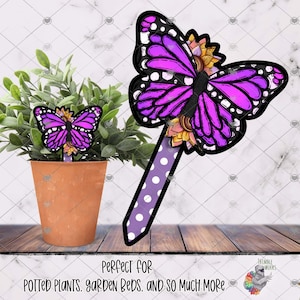 May include: Purple butterfly garden stake with white polka dots and floral details. The stake is perfect for potted plants, garden beds, and more.