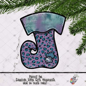 May include: A purple and blue stocking with a white and blue polka dot pattern. The stocking has a blue and purple top with a white patch on the side. The text "PERFECT FOR Earrings, Signs, Gifts, Ornaments, and so much MORE!" is below the stocking.