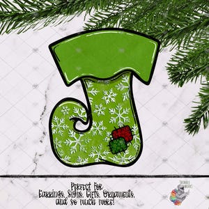 May include: Green Christmas stocking with a white snowflake pattern and red and green accents. The stocking has a blank banner at the top.