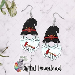 May include: A pair of black and white gnome earrings with a firefighter hat and axe. The earrings are on a white marble background.