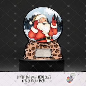 May include: A snow globe with a leopard print base and a Santa Claus figure inside. The Santa Claus figure is wearing a red suit with white trim and a white beard. He is holding a microphone and singing. The snow globe is ideal for a night light base.