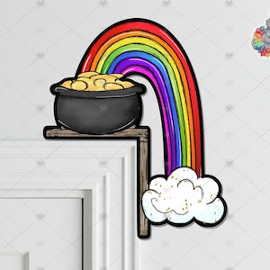 May include: A rainbow with a pot of gold at the end. The rainbow is made of red, orange, yellow, green, blue, indigo, and violet. The pot of gold is sitting on a wooden shelf.