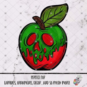May include: A green apple with a red, dripping design, featuring a skull-like face. The apple has a brown stem and a green leaf. Text at the bottom reads "PERFECT FOR EARRINGS, ORNAMENTS, DECOR, AND SO MUCH MORE!"